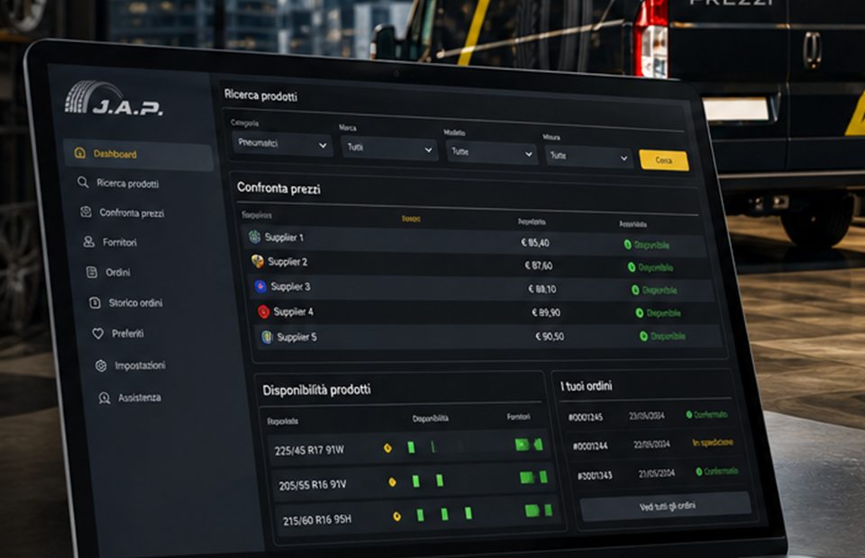 Dashboard software per confronto prezzi pneumatici e fornitori
