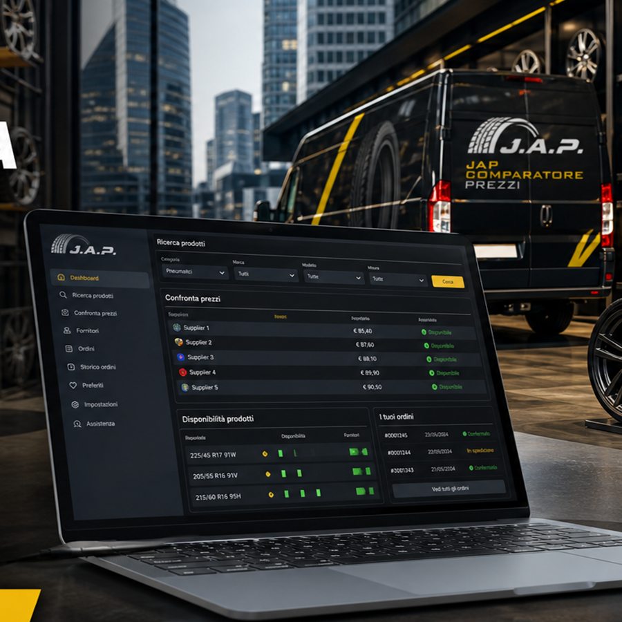 Ambiente automotive professionale con pneumatici e cerchi
